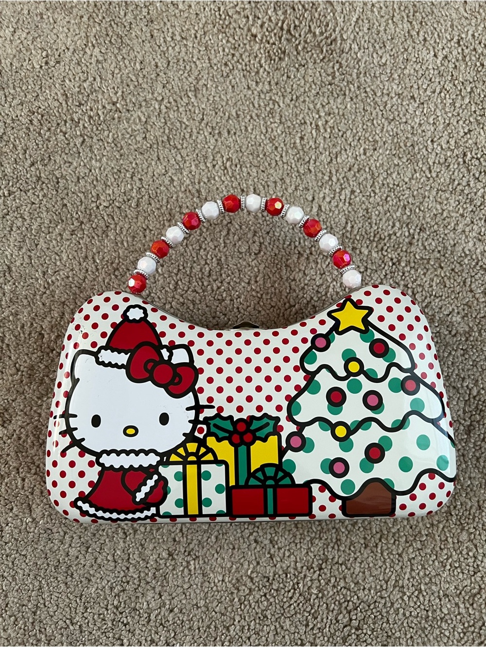 Hello Kitty Red and White Holiday Metal Beaded Handle Mini Bag
